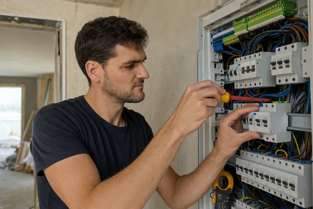 Werken aan een verdeelkast: bekabeling en automaten in een kast in aanbouw.