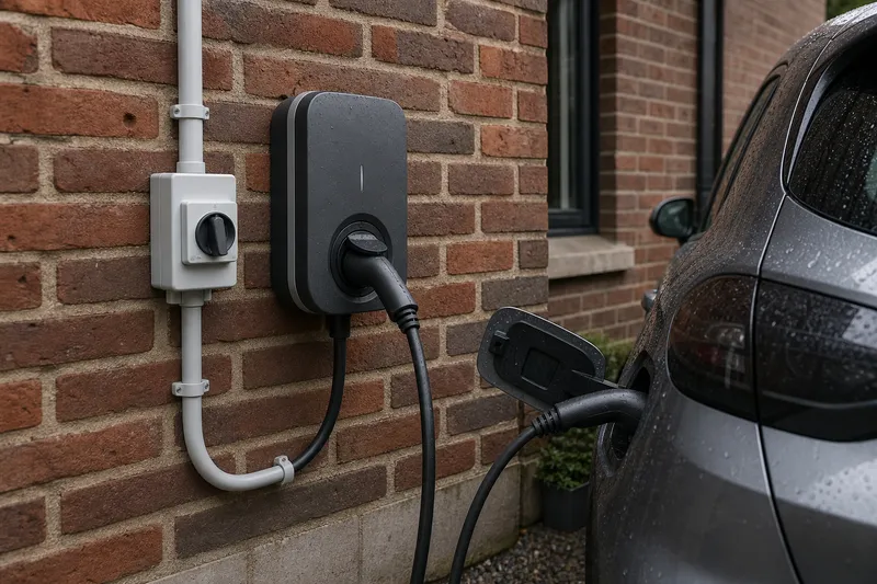 Een laadpaal aan een gevel, aangesloten op een auto, met de aansluitkast ernaast.