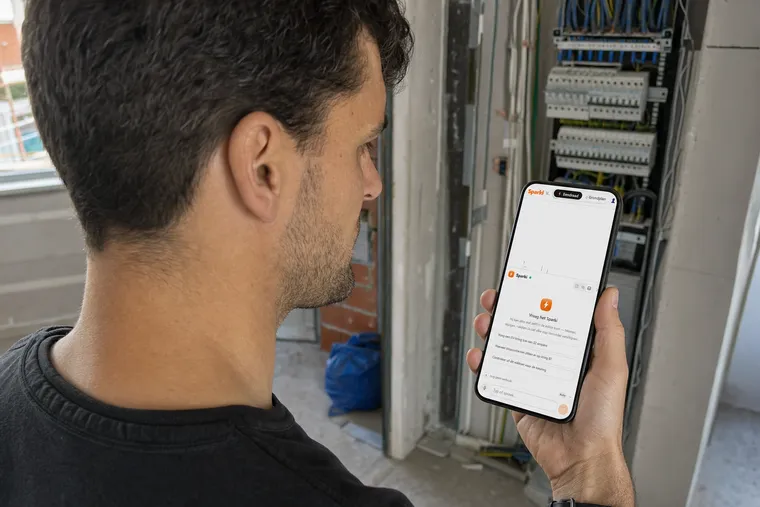 Sparki open op een telefoon voor een verdeelkast in aanbouw, met de assistent onderaan het scherm.